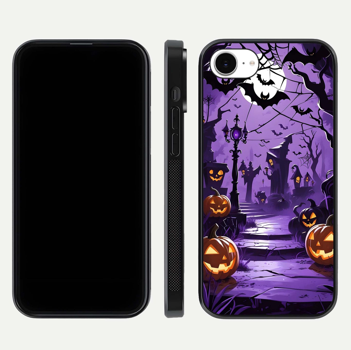 Pumpkin Patch Halloween Glass Case for iPhone 16e front & back layout showing festive Halloween print