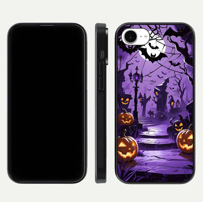Pumpkin Patch Halloween Glass Case for iPhone 16e front & back layout showing festive Halloween print