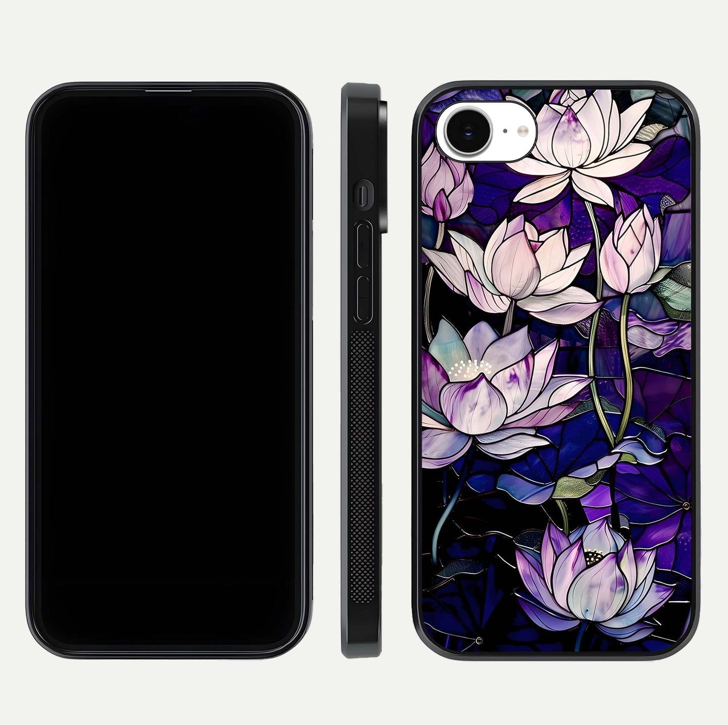 Purple Lotus Pattern Glass Case for iPhone 16e front & back layout highlighting floral tones and soft edges