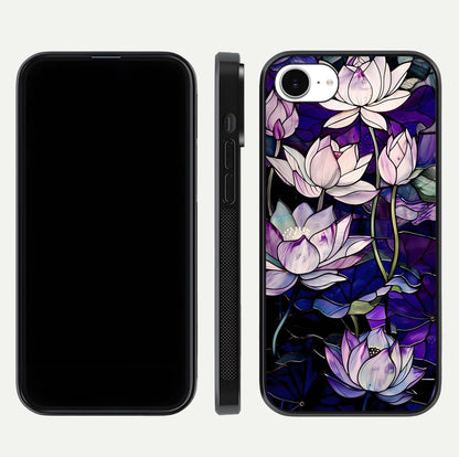 Purple Lotus Pattern Glass Case for iPhone 16e front & back layout highlighting floral tones and soft edges