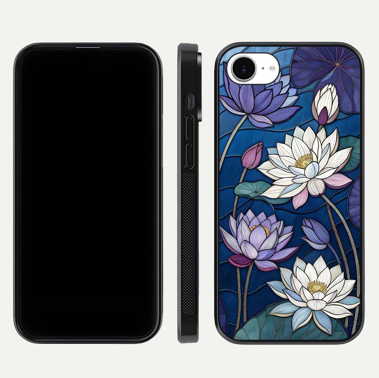 Purple Lotus Stained Glass Case for iPhone 16e front & back layout showing bright tones and smooth edge finish