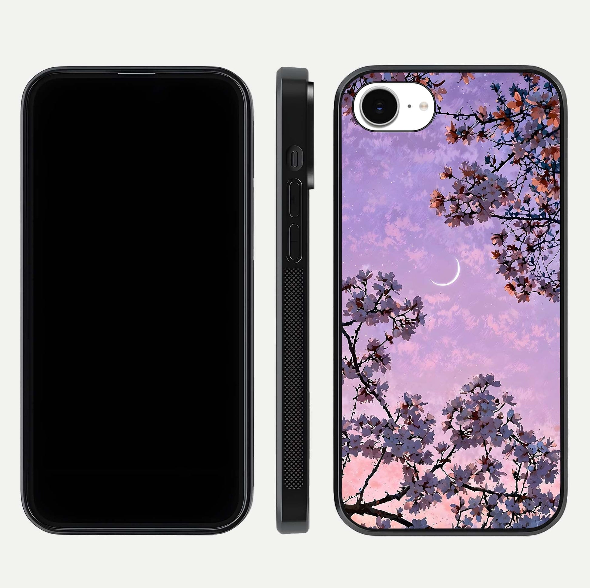 Purple Serenity Moon Glass Case for iPhone 16e front & back layout highlighting celestial tones and curves