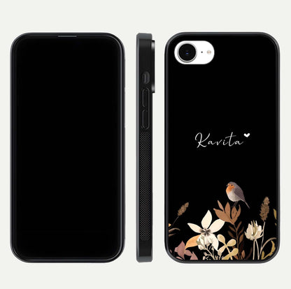 Quiet Garden Tune Custom Name Glass Case for iPhone 16e front & back layout highlighting name area and edges