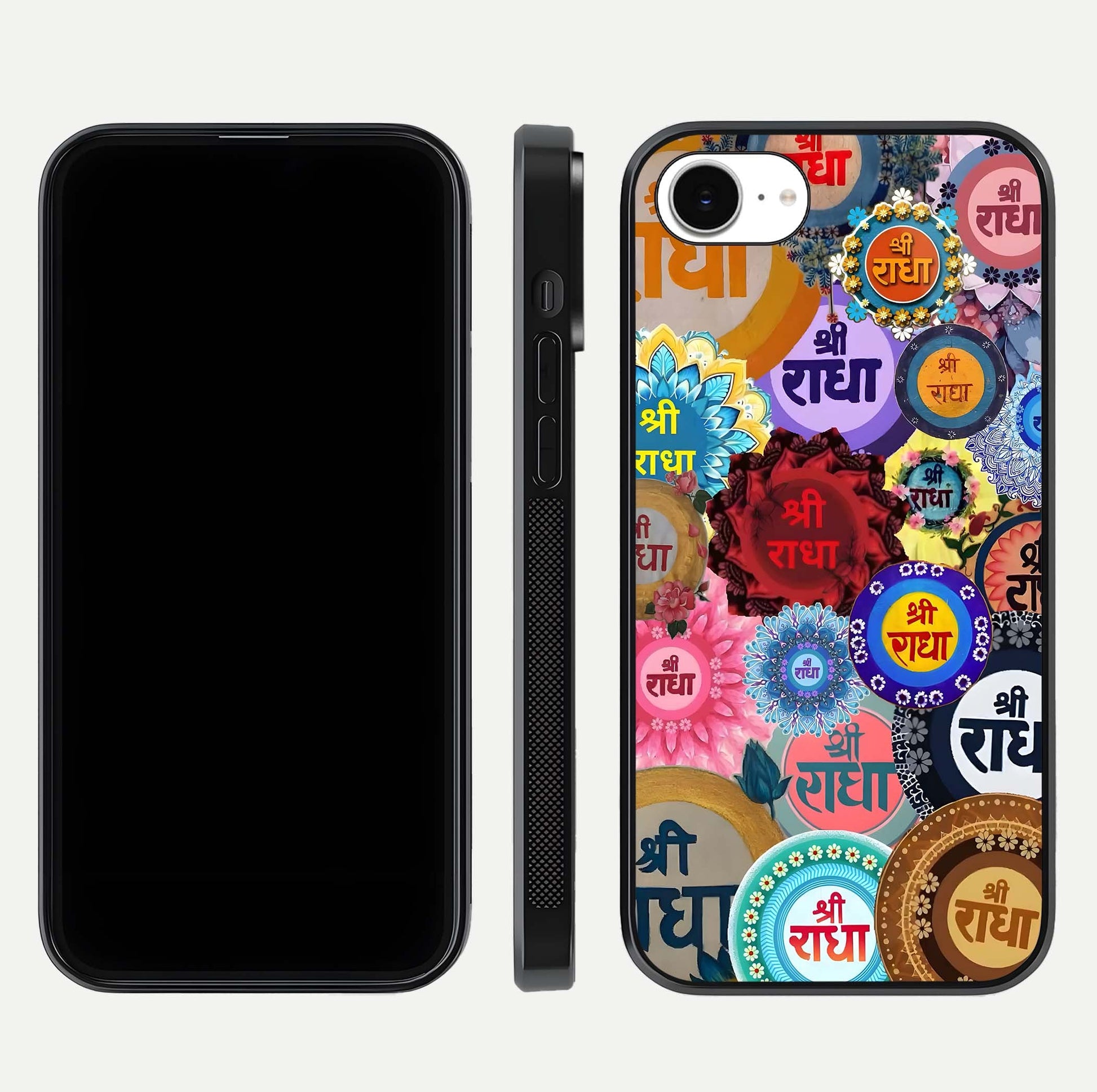 Radha Divine Bloom Glass Case for iPhone 16e front & back layout showing spiritual tones and elegant edges