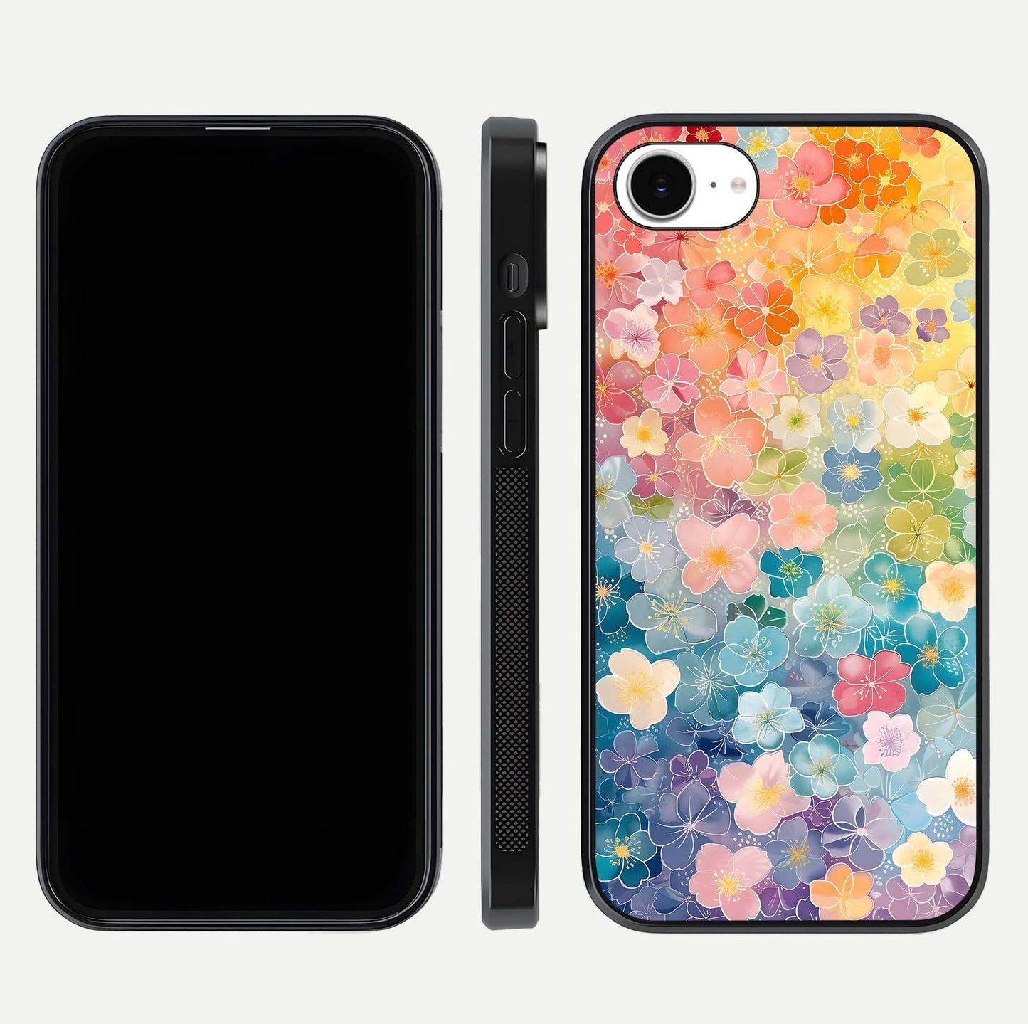 Rainbow Blossom Burst Glass Case for iPhone 16e front & back layout showing bright tones and edge finish