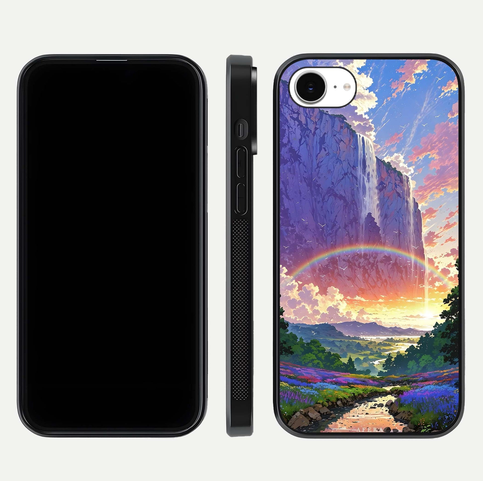 Rainbow Valley Dream Glass Case for iPhone 16e front & back layout showing smooth color blend and curved edge