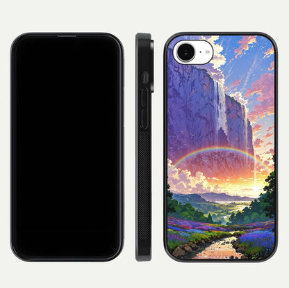 Rainbow Valley Dream Glass Case for iPhone 16e front & back layout showing smooth color blend and curved edge