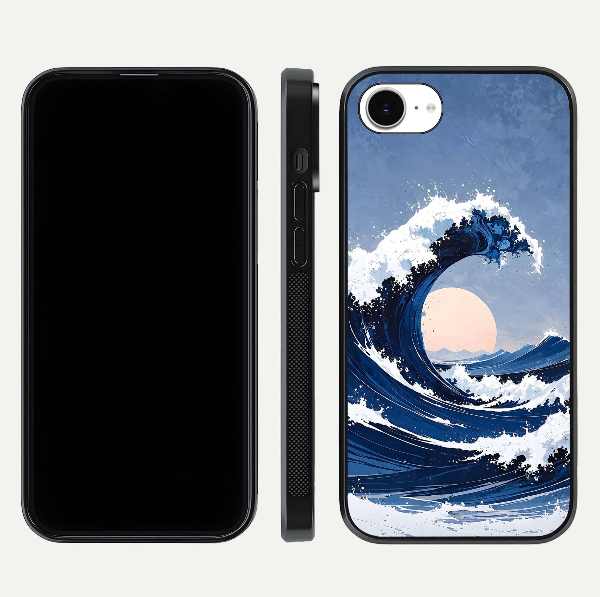 Rising Tide Power Glass Case for iPhone 16e front & back layout showing ocean design and smooth glass edge