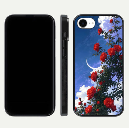 Rose Drift Flowers Glass Case for iPhone 16e front & back layout showing rose gradient tones and edges