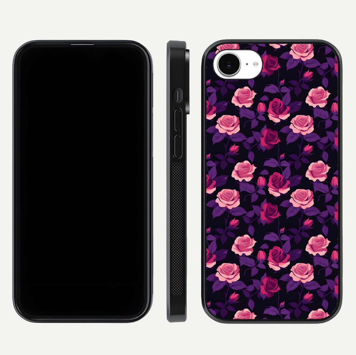 Rose Garden Twilight Glass Case for iPhone 16e front & back layout showing rich twilight tones and edges