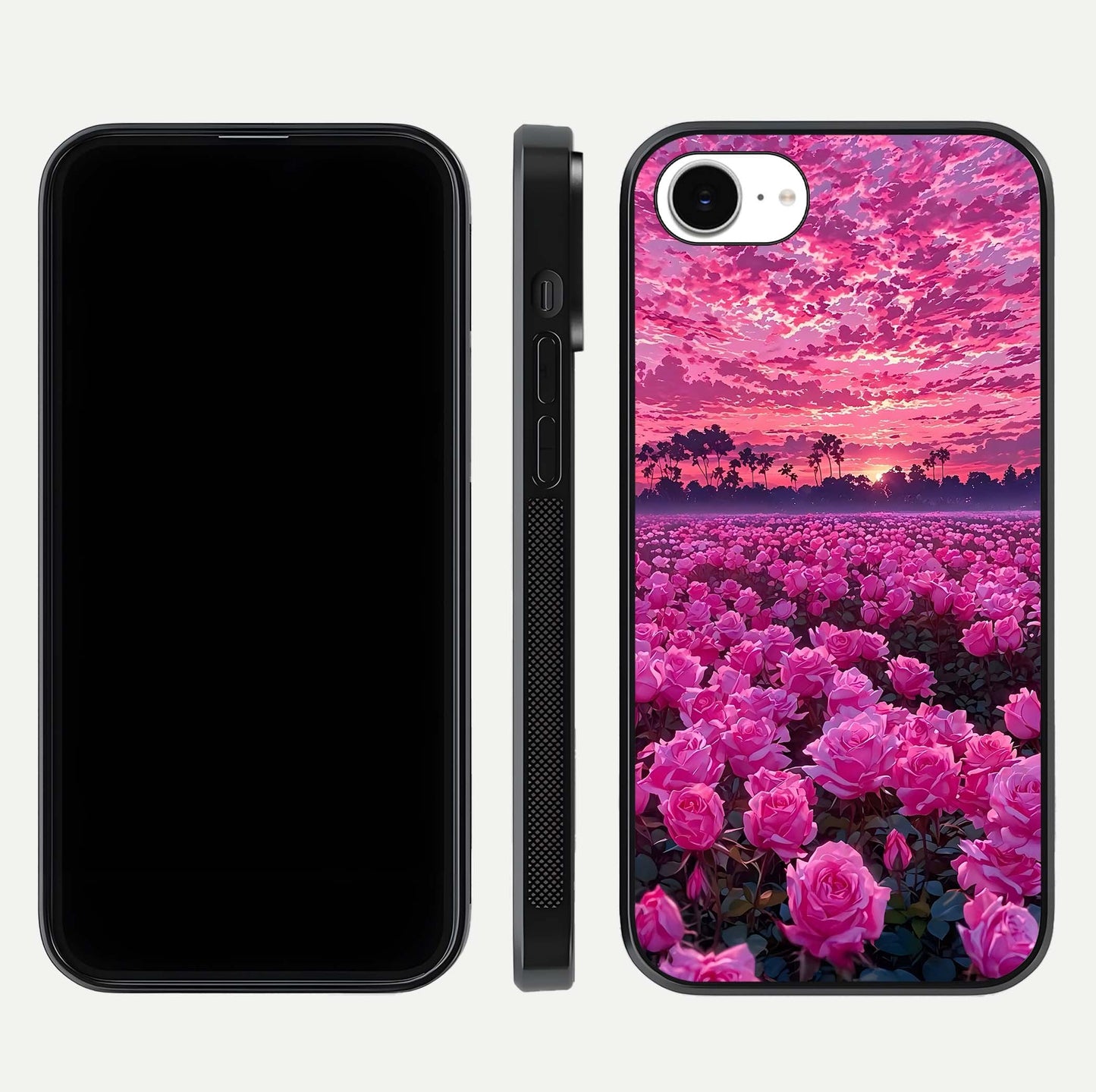 Rose Sunset Valley Glass Case for iPhone 16e front & back layout highlighting gradient tones and glass shine