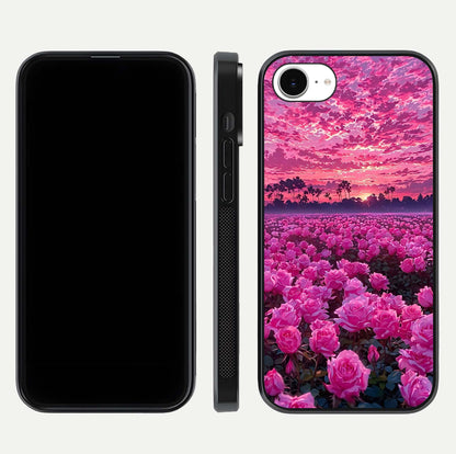Rose Sunset Valley Glass Case for iPhone 16e front & back layout highlighting gradient tones and glass shine