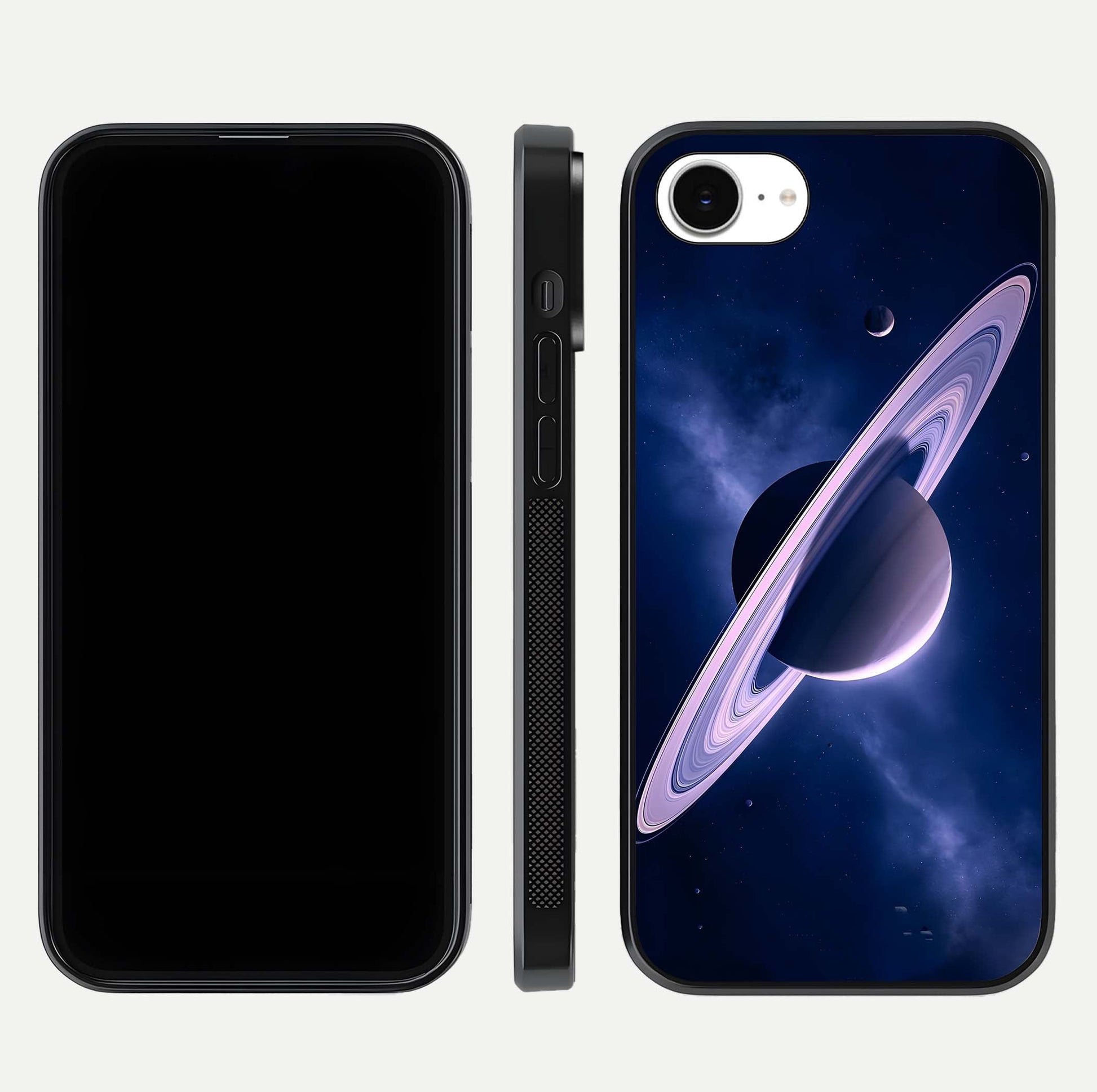 Saturn Ring Mystique Glass Case for iPhone 16e front & back layout showing cosmic tones and edge glow