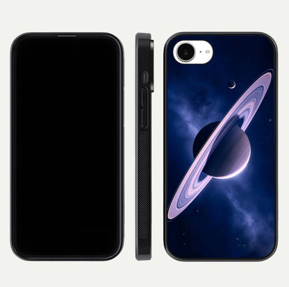 Saturn Ring Mystique Glass Case for iPhone 16e front & back layout showing cosmic tones and edge glow