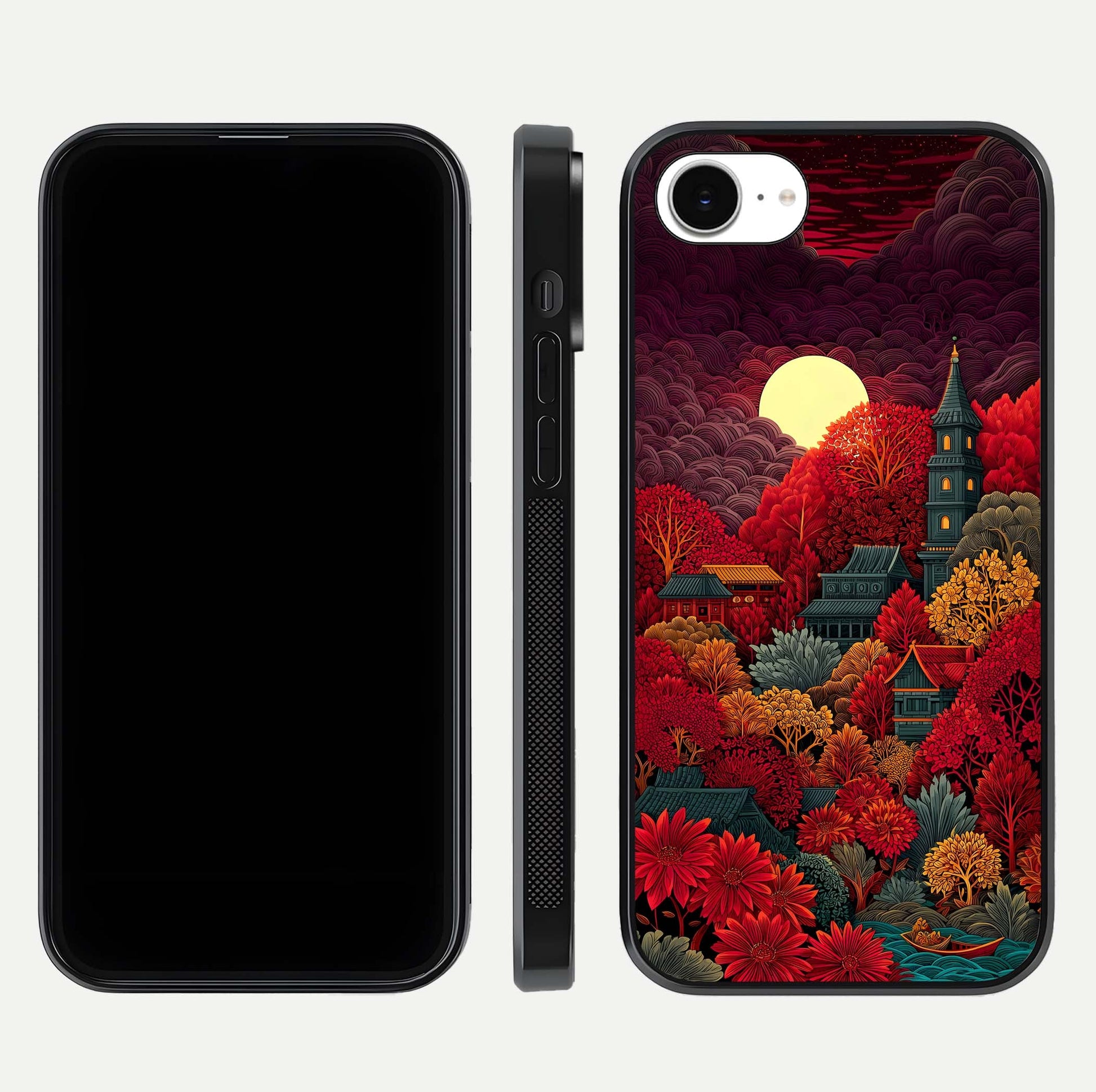 Scarlet Autumn Temple Glass Case for iPhone 16e front & back layout showing scenic tones and curved edges