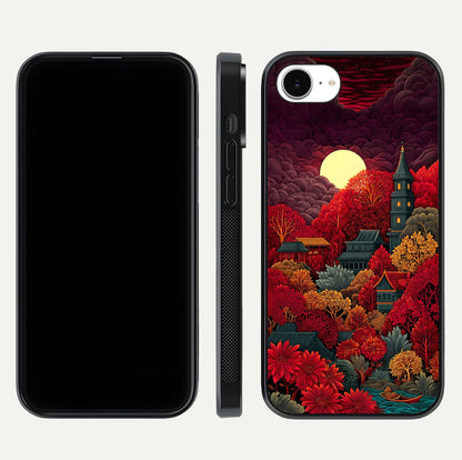 Scarlet Autumn Temple Glass Case for iPhone 16e front & back layout showing scenic tones and curved edges
