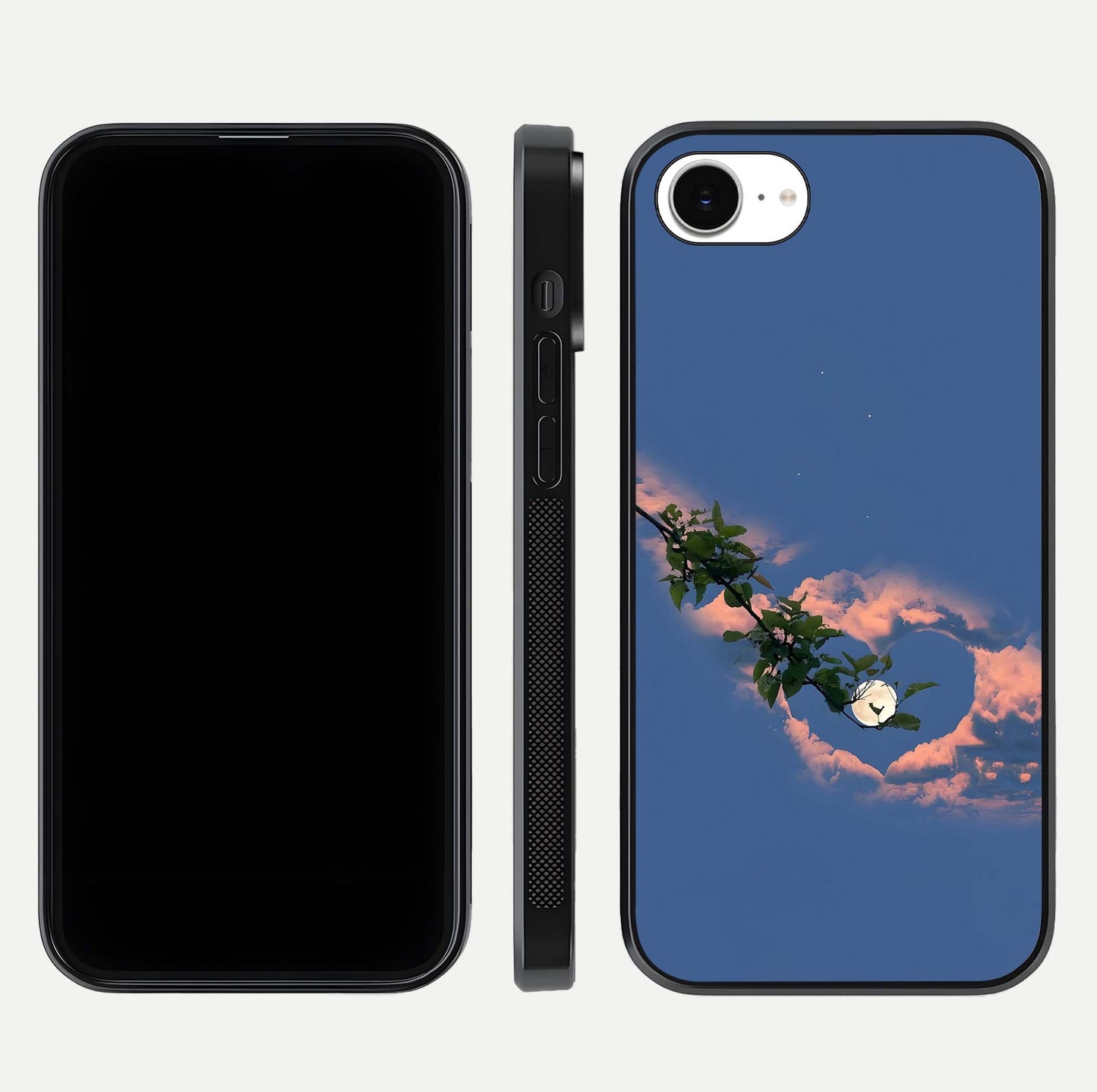 Sky Under Tree Glass Case for iPhone 16e front & back layout showing sky tones and curved glass edge