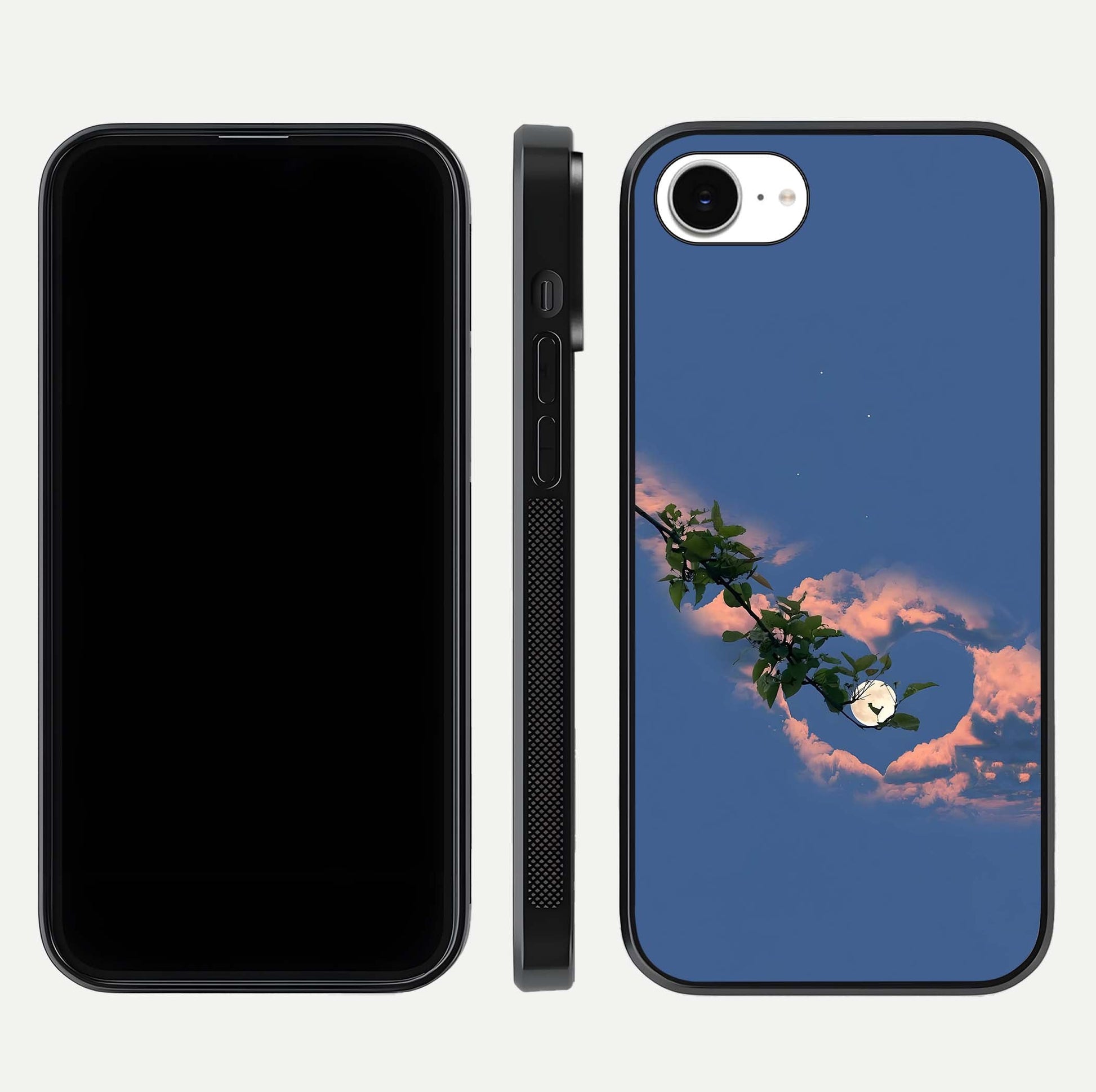 Sky Under Tree Glass Case for iPhone 16e front & back layout showing sky tones and curved glass edge