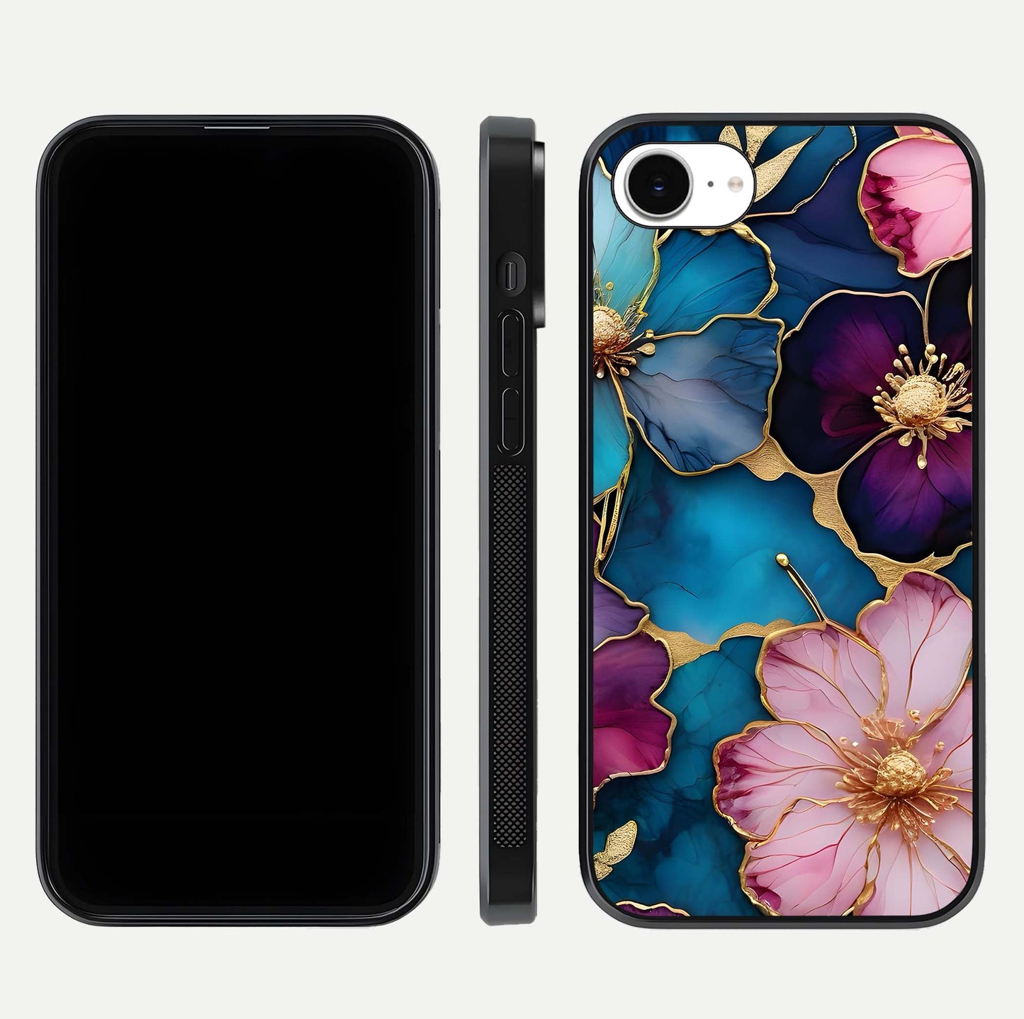 Sparkle Floral Glass Case for iPhone 16e front & back layout showing floral print and edge clarity