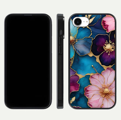 Sparkle Floral Glass Case for iPhone 16e front & back layout showing floral print and edge clarity