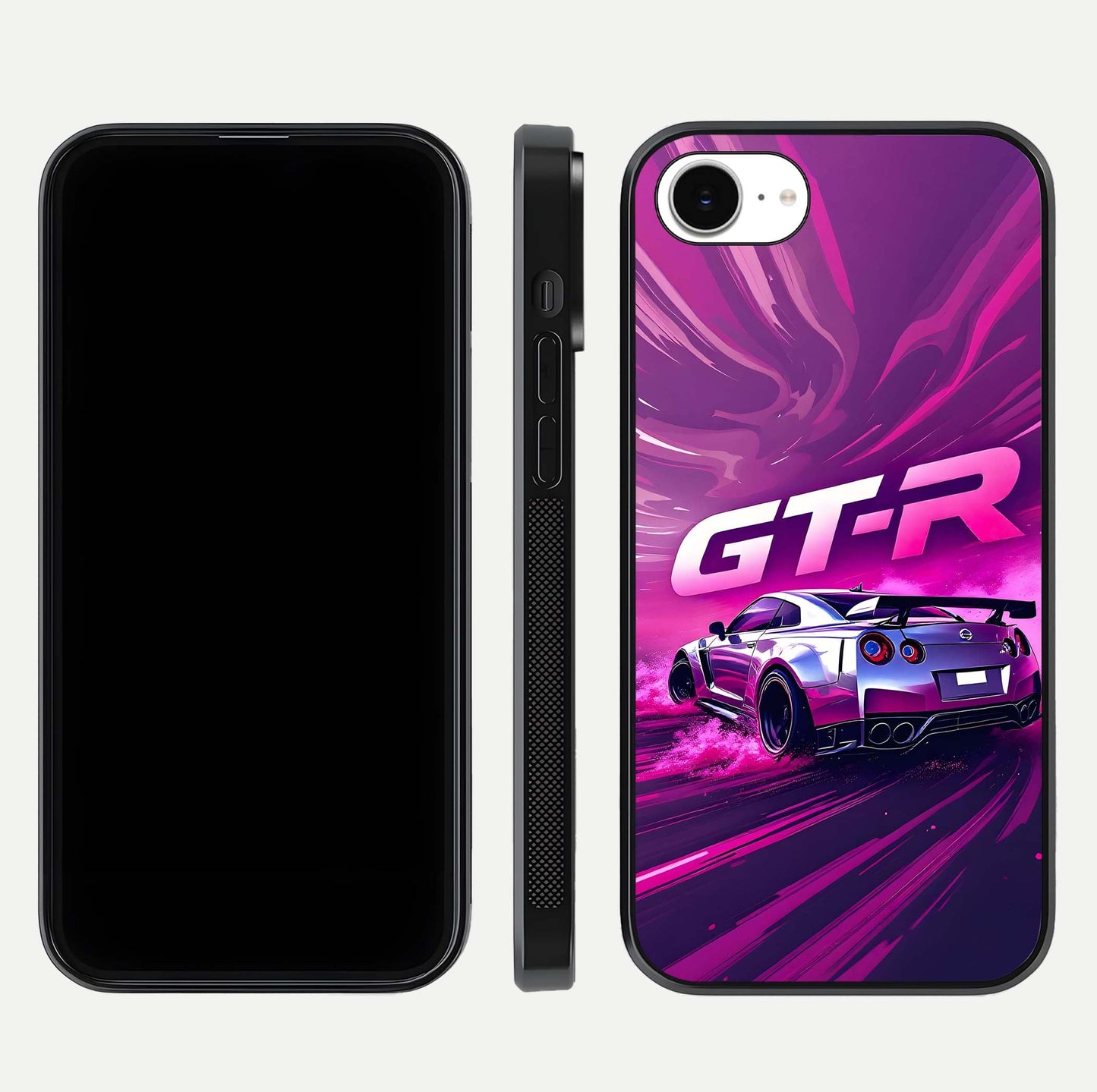 Speed Drift Legend Glass Case for iPhone 16e front & back layout showing bold tones and smooth edges