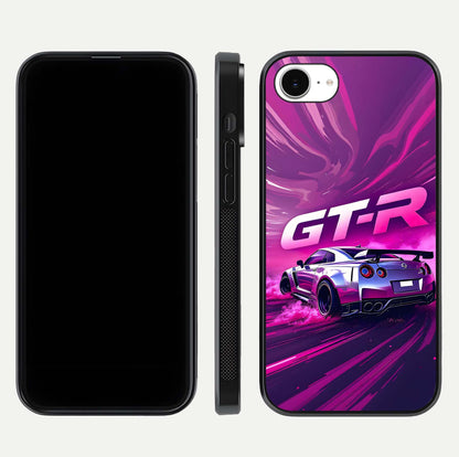 Speed Drift Legend Glass Case for iPhone 16e front & back layout showing bold tones and smooth edges