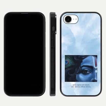Spiritual Krishna Glass Case for iPhone 16e front & back layout showing spiritual artwork and clean edge