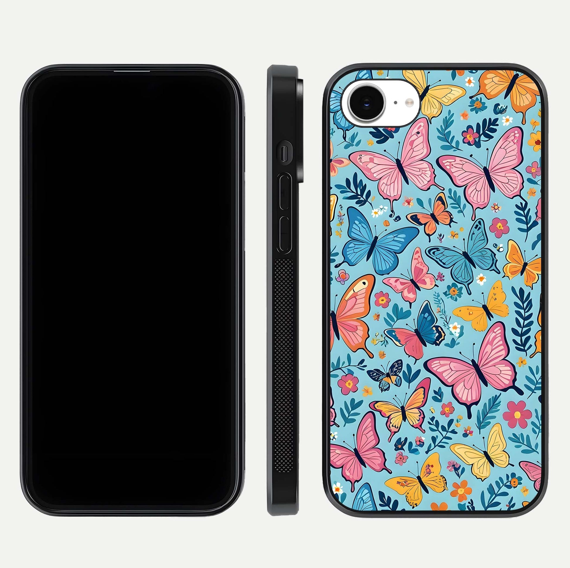 Spring Wing Garden Glass Case for iPhone 16e front & back layout showing soft tones and elegant glass design