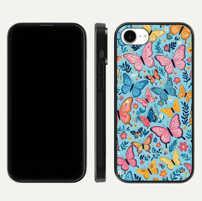 Spring Wing Garden Glass Case for iPhone 16e front & back layout showing soft tones and elegant glass design