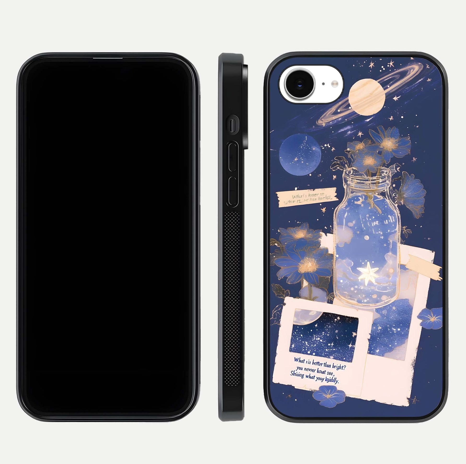 Starlit Cosmic Jar Glass Case for iPhone 16e front & back layout showing cosmic pattern and curved glass edge