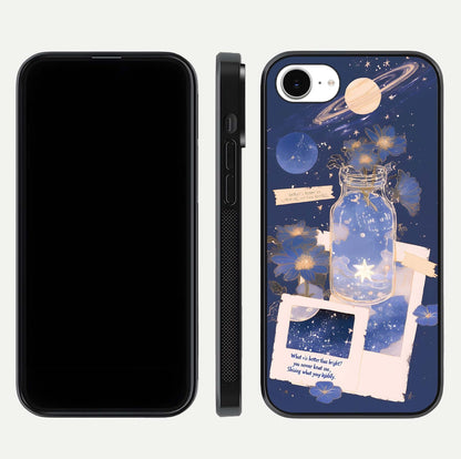 Starlit Cosmic Jar Glass Case for iPhone 16e front & back layout showing cosmic pattern and curved glass edge