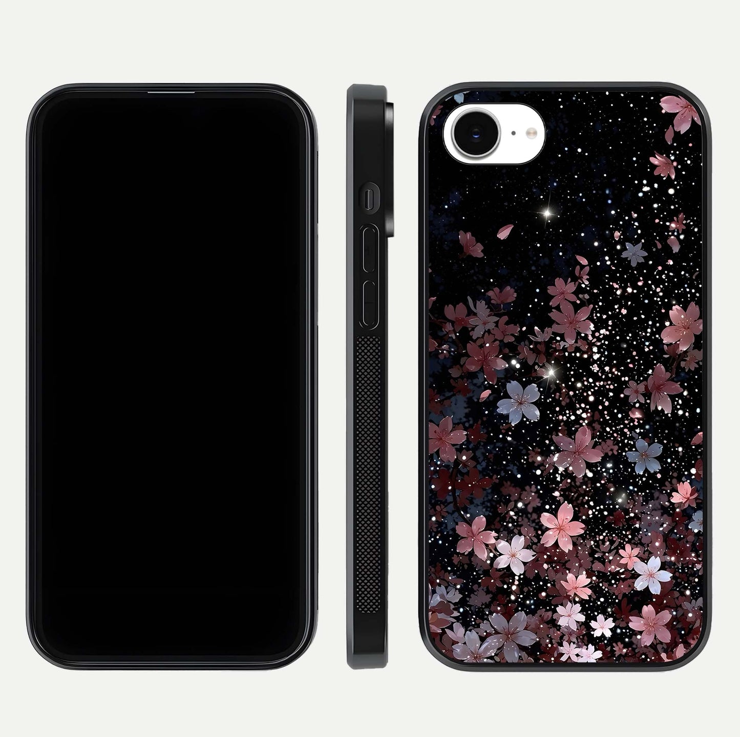 Starlit Flower Dreams Glass Case for iPhone 16e front & back layout showing soft bloom design and curved edge
