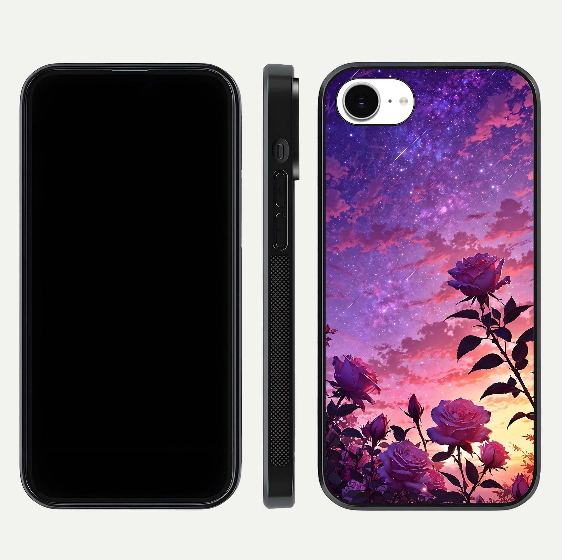 Starlit Rose Twilight Glass Case for iPhone 16e front & back layout showing floral blend and glossy edge