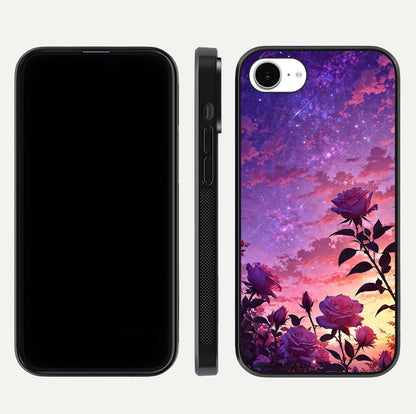 Starlit Rose Twilight Glass Case for iPhone 16e front & back layout showing floral blend and glossy edge