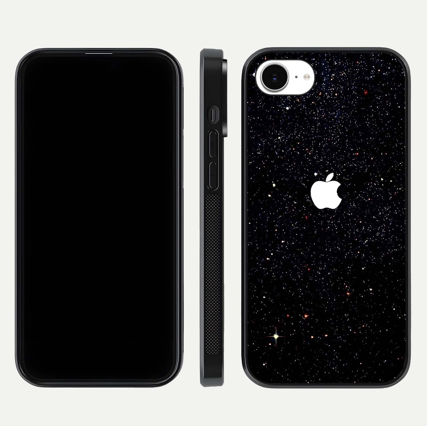 Starry Apple Galaxy Glass Case for iPhone 16e front & back layout showing cosmic tones and sleek edge