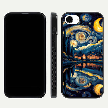 Starry Sky Serenity Glass Case for iPhone 16e front & back layout showing stars and curved glass edges
