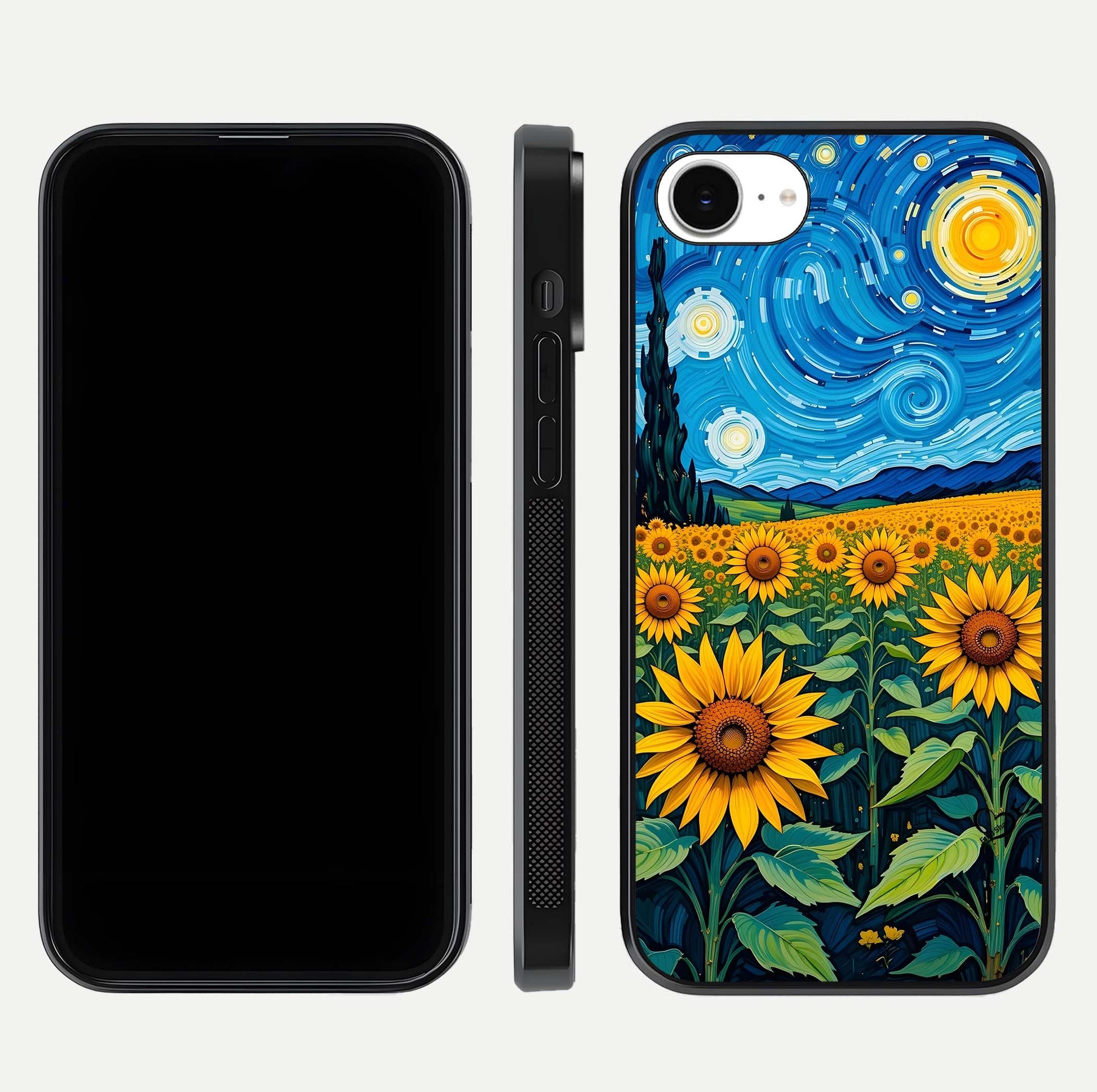 Starry Sunflower Dreams Glass Case for iPhone 16e front & back layout showing floral blend and edge detail
