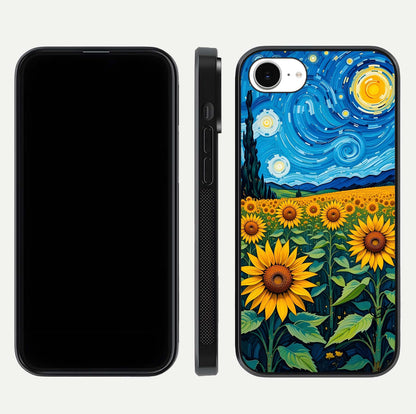 Starry Sunflower Dreams Glass Case for iPhone 16e front & back layout showing floral blend and edge detail