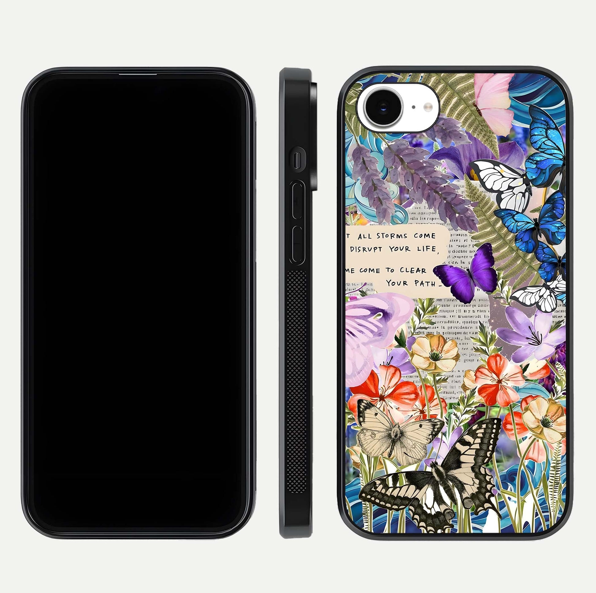 Storm Path Bloom Glass Case for iPhone 16e front & back layout showing moody floral blend and edges