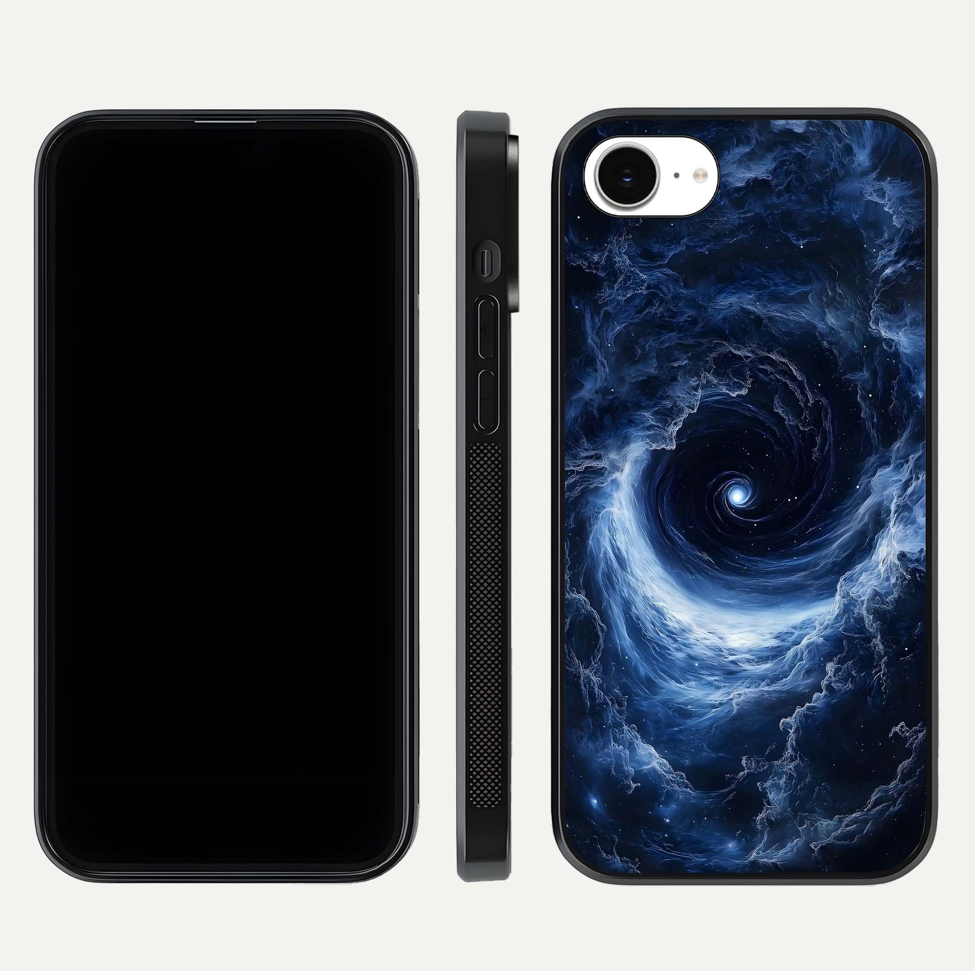 Stunning Galaxy Glass Case for iPhone 16e front & back layout showing deep cosmic hues and clean edges
