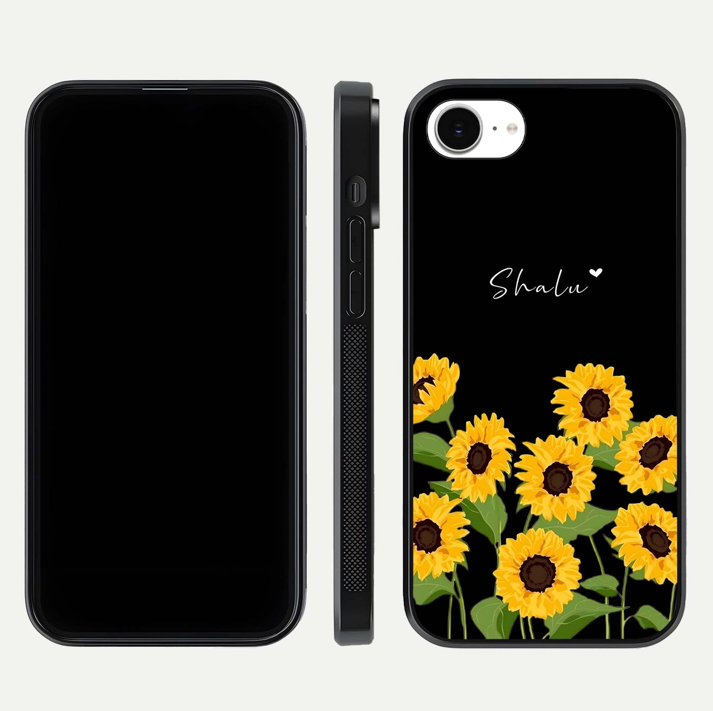 Sunflower Chic Mood Custom Name Glass Case for iPhone 16e front & back layout highlighting custom text zone and shine