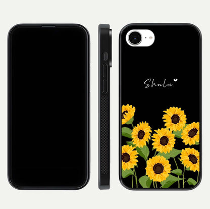 Sunflower Chic Mood Custom Name Glass Case for iPhone 16e front & back layout highlighting custom text zone and shine