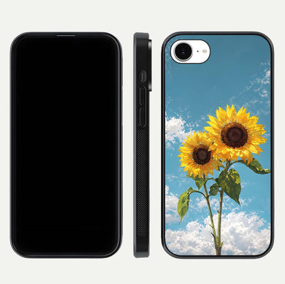 Sunflower Sky Bloom Glass Case for iPhone 16e front & back layout showing soft blue tones and flower contrast