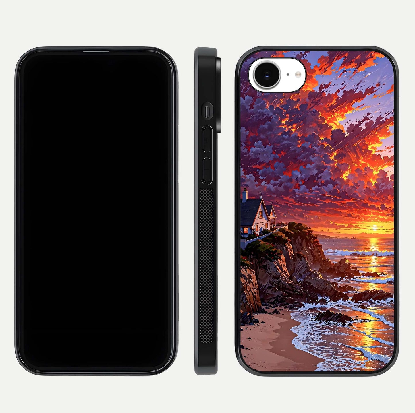 Sunset House by Sea Glass Case for iPhone 16e front & back layout showing scenic gradient and curved edge