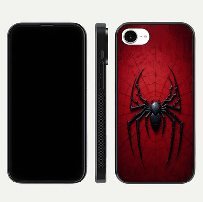 Venom Web Emblem Glass Case for iPhone 16e front & back layout showing contrast art and curved glass edges