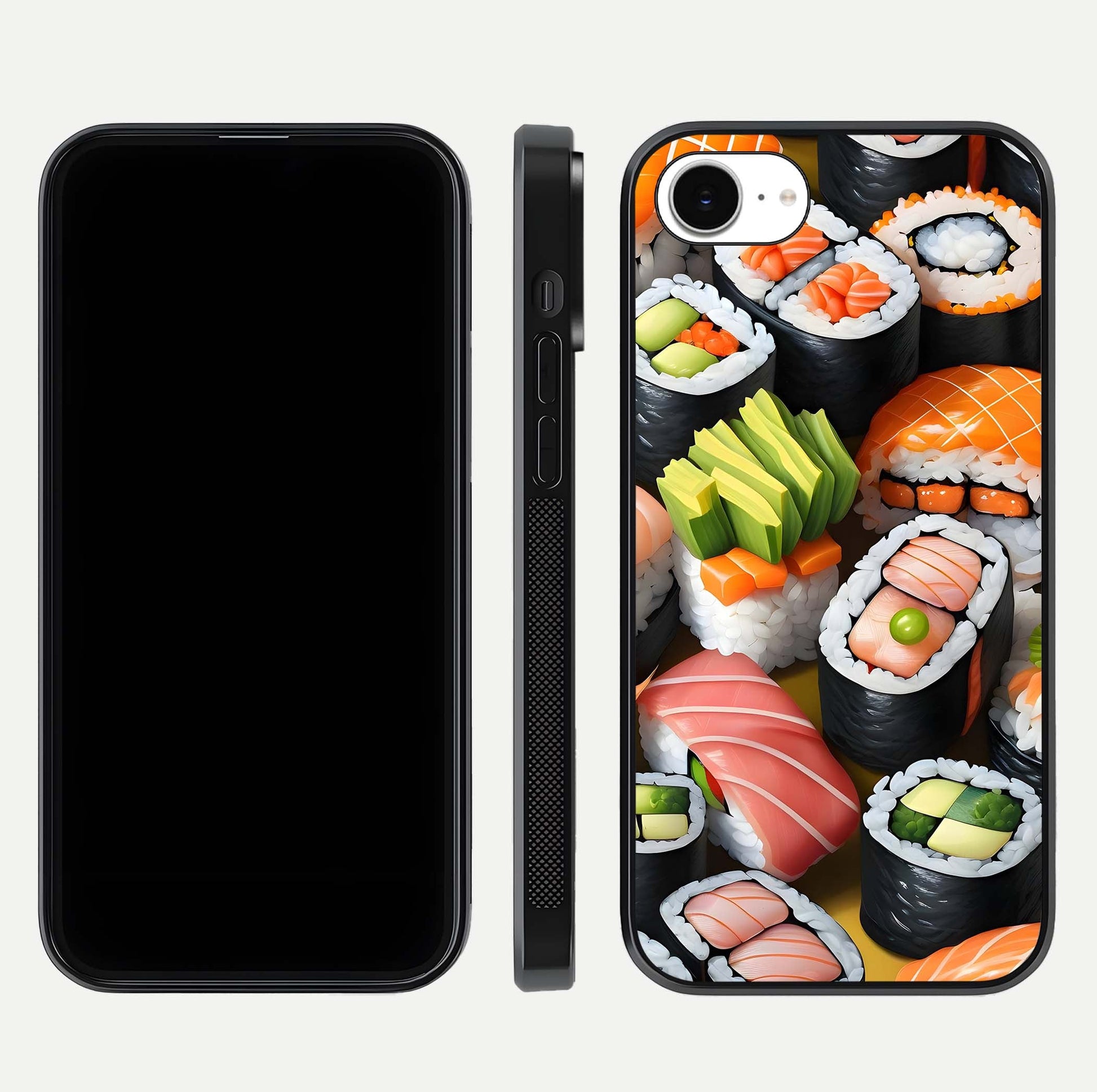Sushi Food Pattern Glass Case for iPhone 16e front & back layout showing playful food theme and clear edges