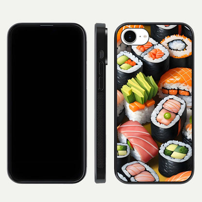 Sushi Food Pattern Glass Case for iPhone 16e front & back layout showing playful food theme and clear edges