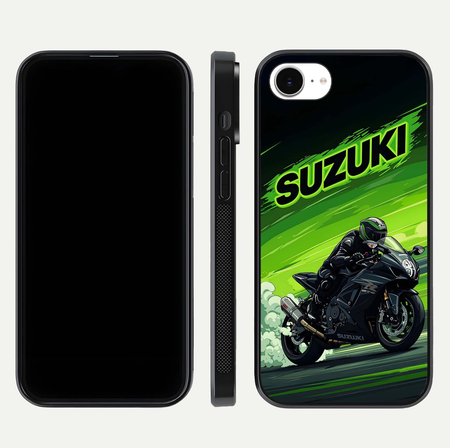 Suzuki Speed Beast Glass Case for iPhone 16e front & back layout showing motion blur and sleek edges