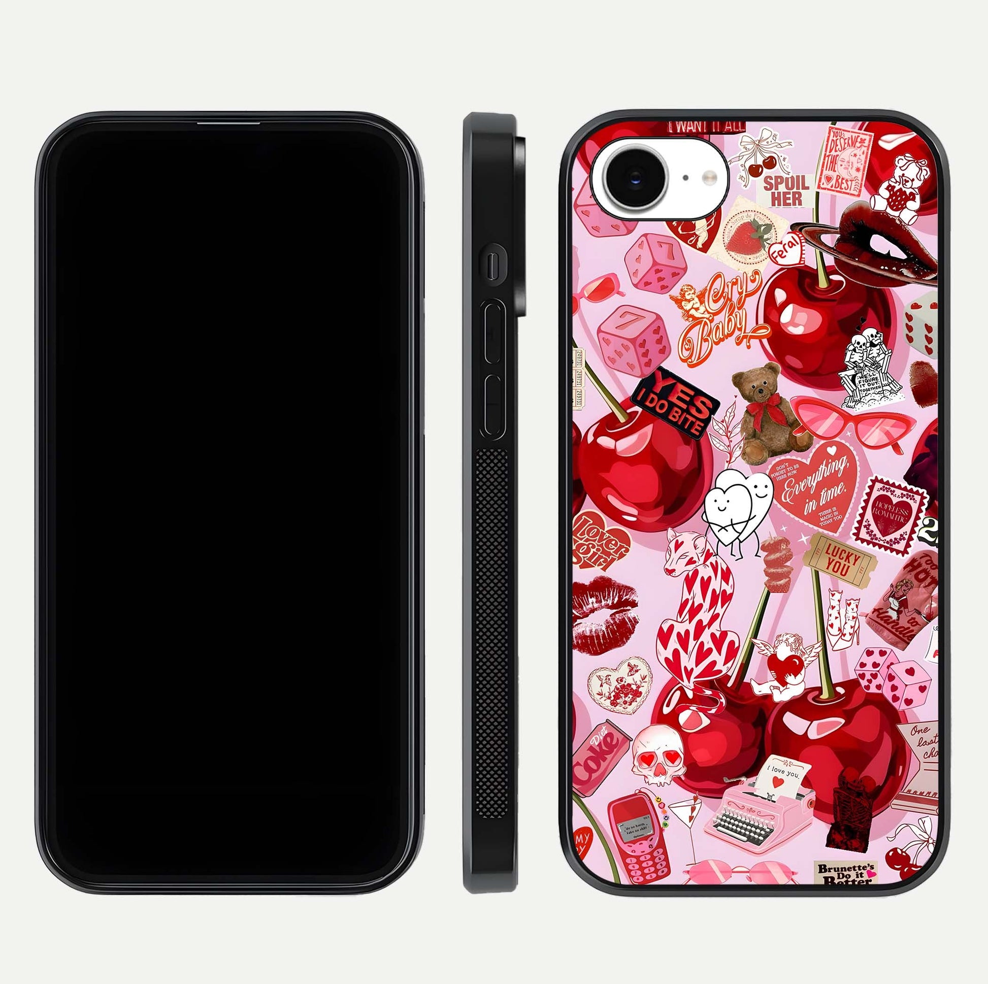 Sweet Cherry Chaos Glass Case for iPhone 16e front & back layout showing vibrant cherries and smooth edges