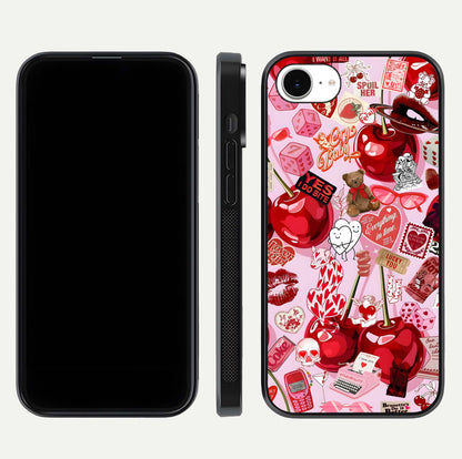 Sweet Cherry Chaos Glass Case for iPhone 16e front & back layout showing vibrant cherries and smooth edges